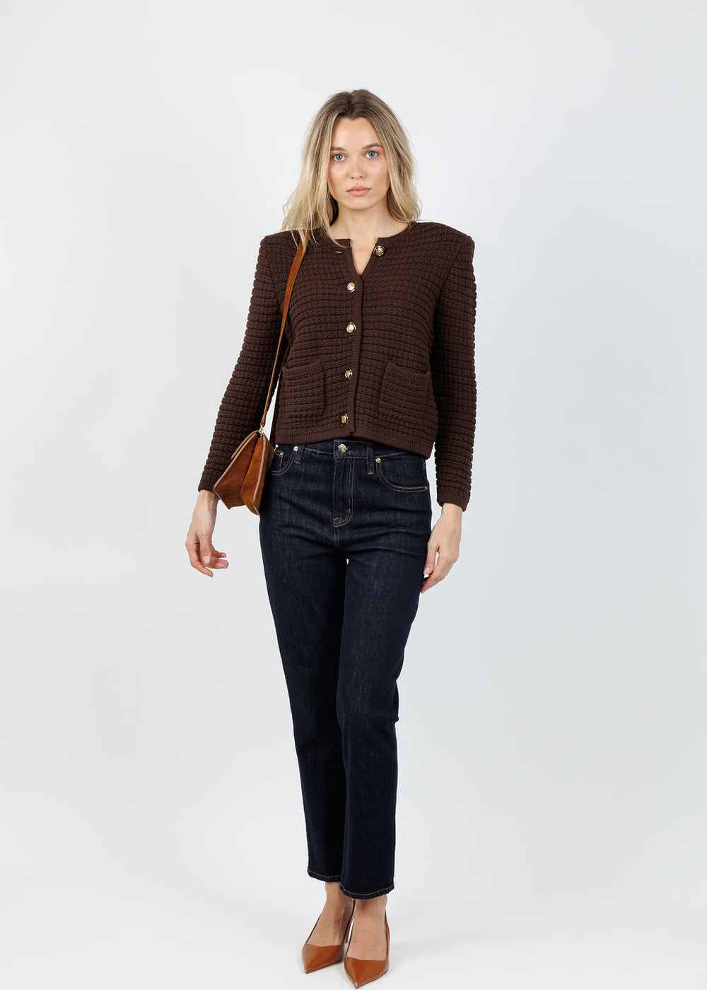 Ba&sh Gaspard Knit Cardigan in Chocolat paired with Pistola Bri Ankle Straight Leg Jeans available at Barbara Katz