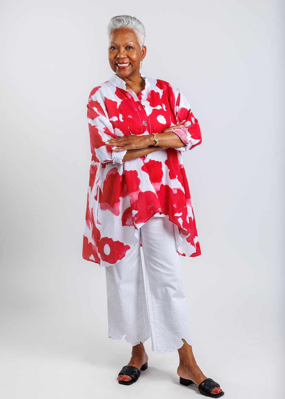 Banana Blue Amalia Big Print Shirt in Red Floral paired with MAC Chiara Cropped Flower Hem Pants in White available at Barbara Katz