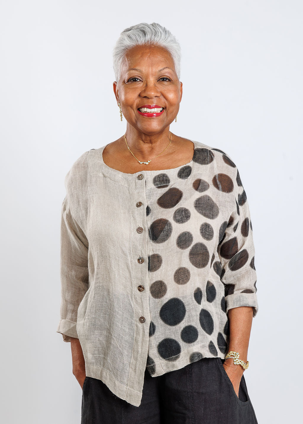 Banana Blue Luana Shirt Cardigan in Dot Flax available at Barbara Katz