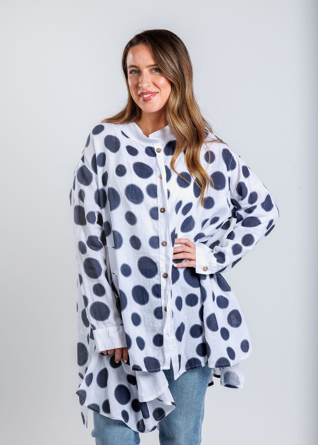 Banana Blue Ingrid Long Shirt in Fuzzy Navy available at Barbara Katz