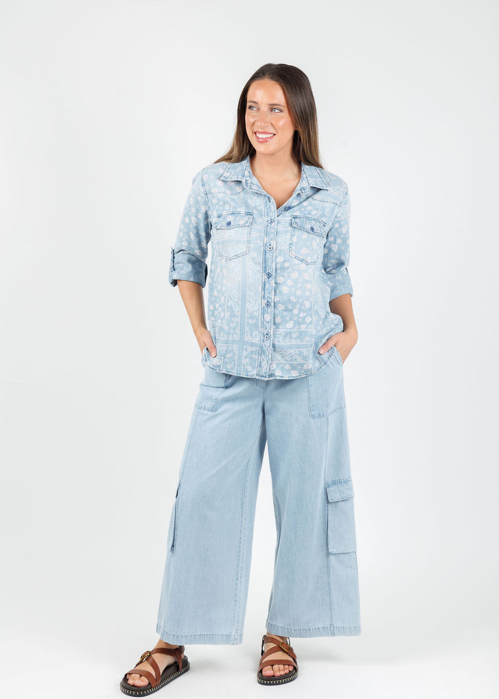 BK Denim Bandana Shirt in Pink Handkerchief paired with Melissa Nepton Griffith Cargo Pants in Chambray available at Barbara Katz