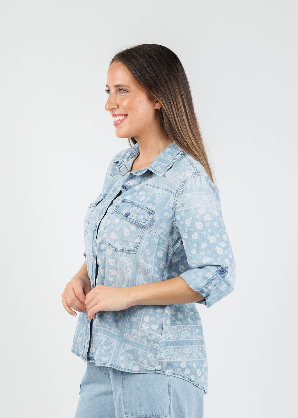 BK Bandana Shirt in Denim Pink Handkerchief available at Barbara Katz