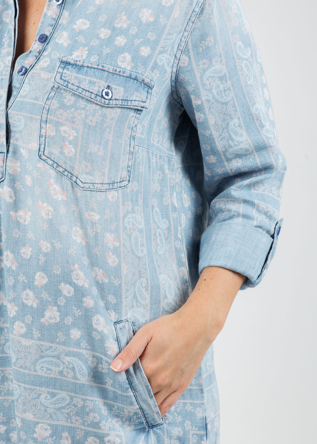 BK Bandana Shirt Dress in Denim  Pink Handkerchief available at Barbara Katz