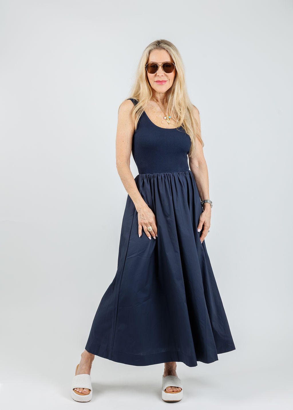 BK Lilian Mixed Media Midi Dress in Navy available at Barbara Katz