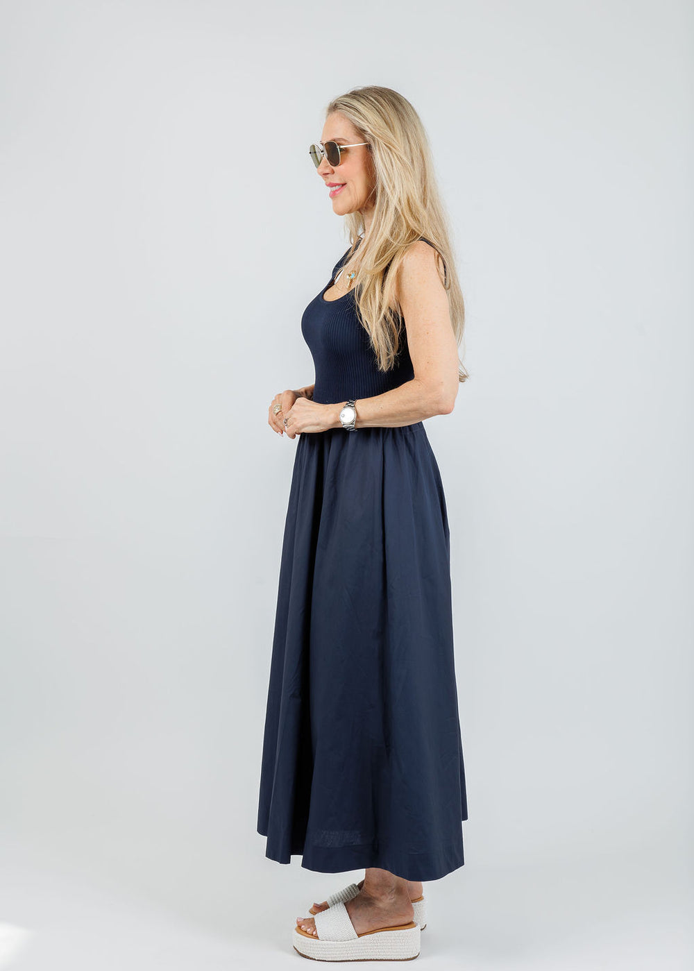 BK Lilian Mixed Media Maxi Dress in Navy available at Barbara Katz