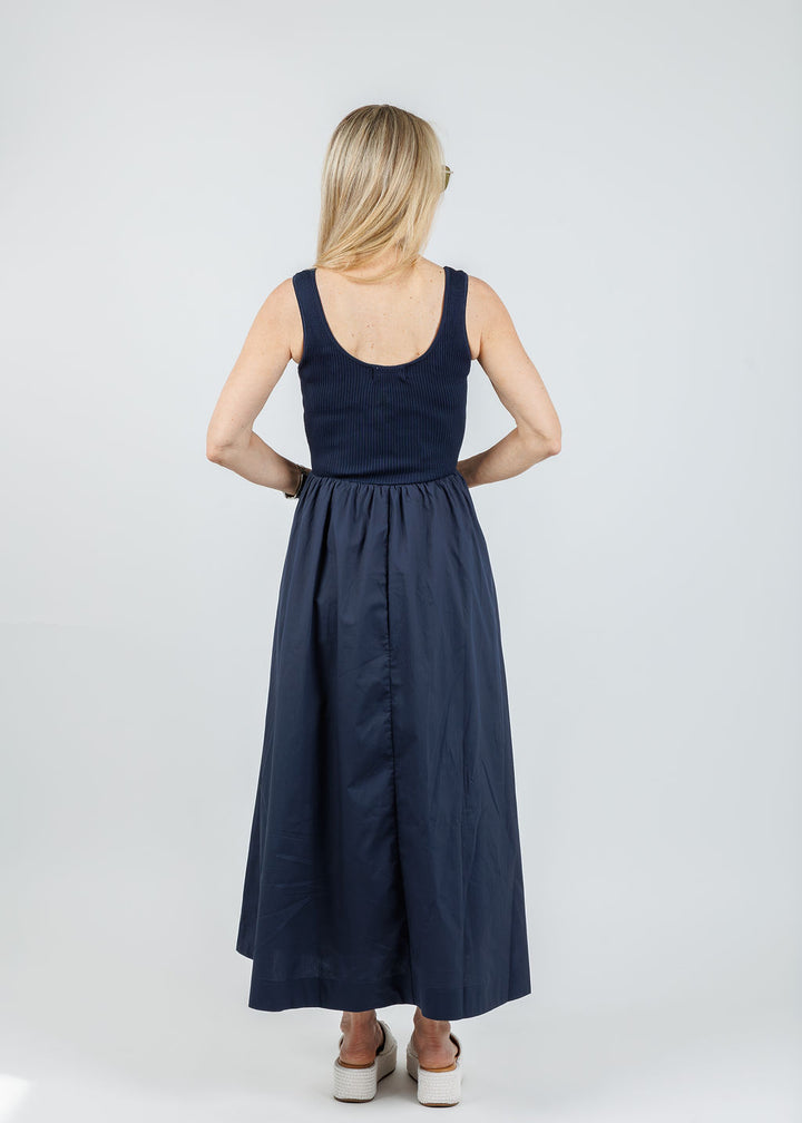 BK Lilian Mixed Media Midi Dress in Navy available at Barbara Katz