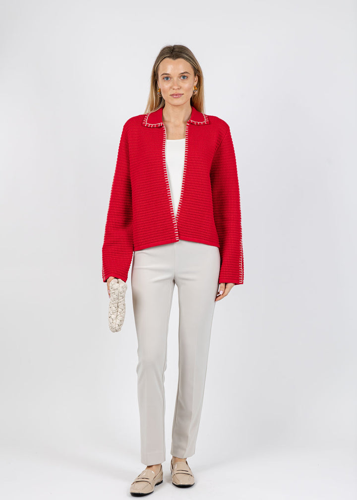 BK Seara Open Whipstitch Cardigan in Red paired with Joseph Ribkoff Classic Straight Pants in Moonstone available at Barbara Katz
