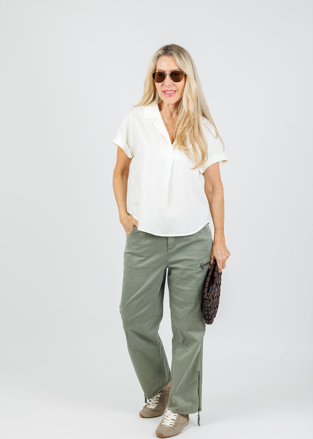 BK Top Notch Shirt in Coconut Milk paired with Marrakech Cyprus Pants in Vetiver available at Barbara Katz