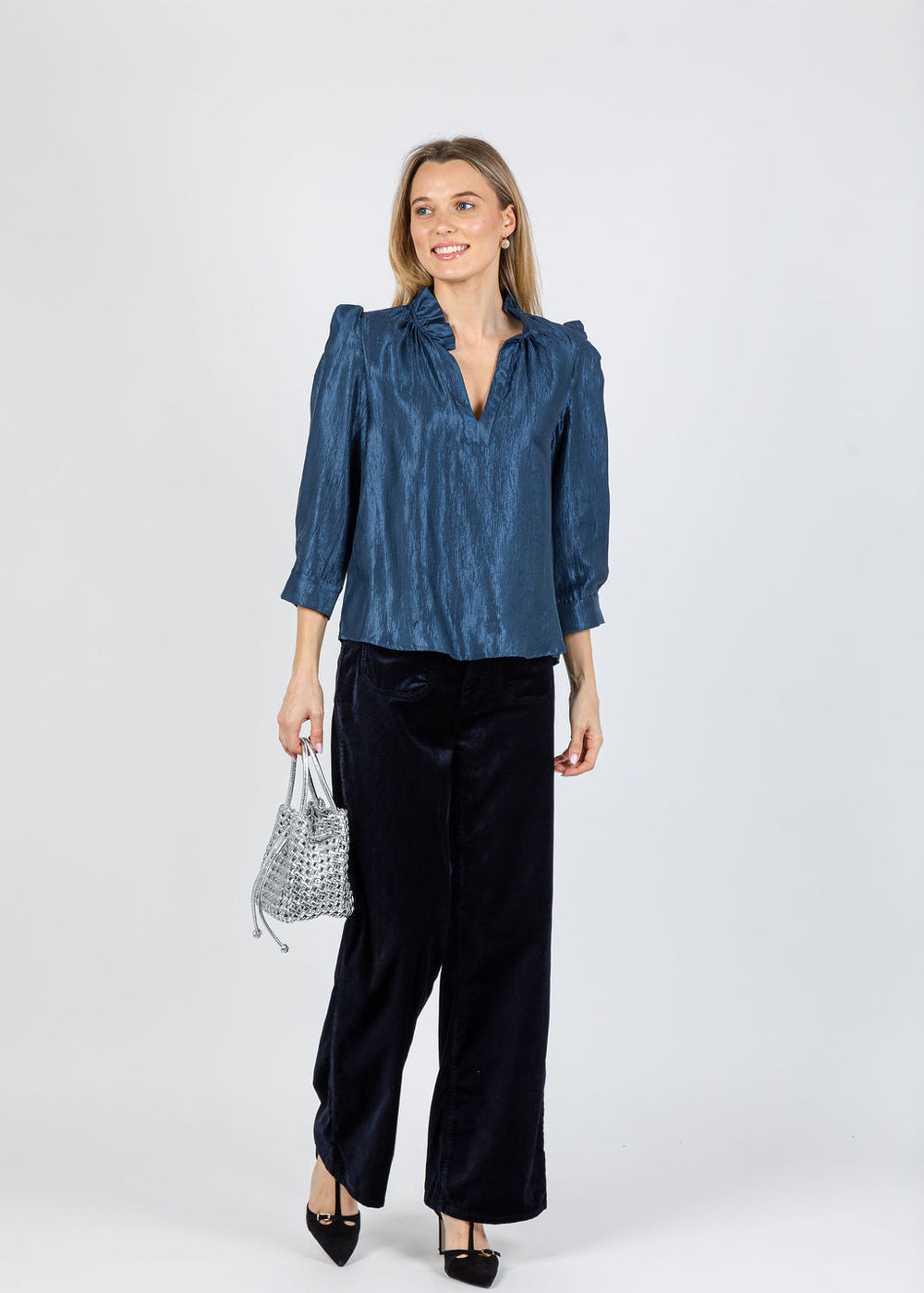 BK Yani Ruffle Collar Blouse in Navy available at Barbara Katz