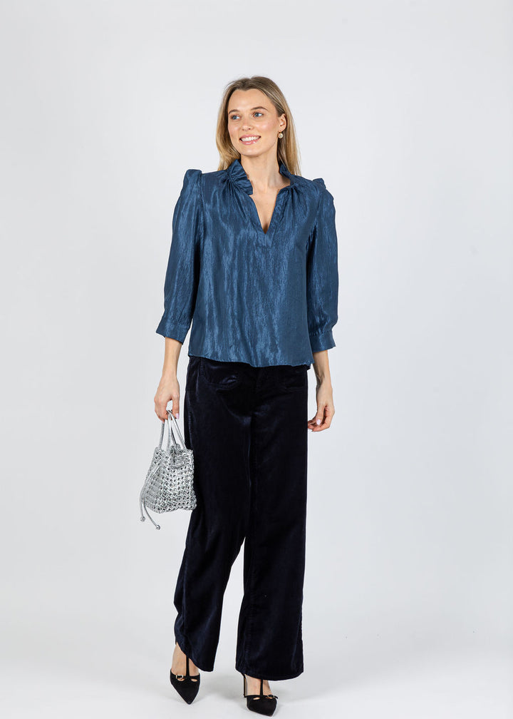BK Yani Ruffle Collar Blouse in Navy available at Barbara Katz