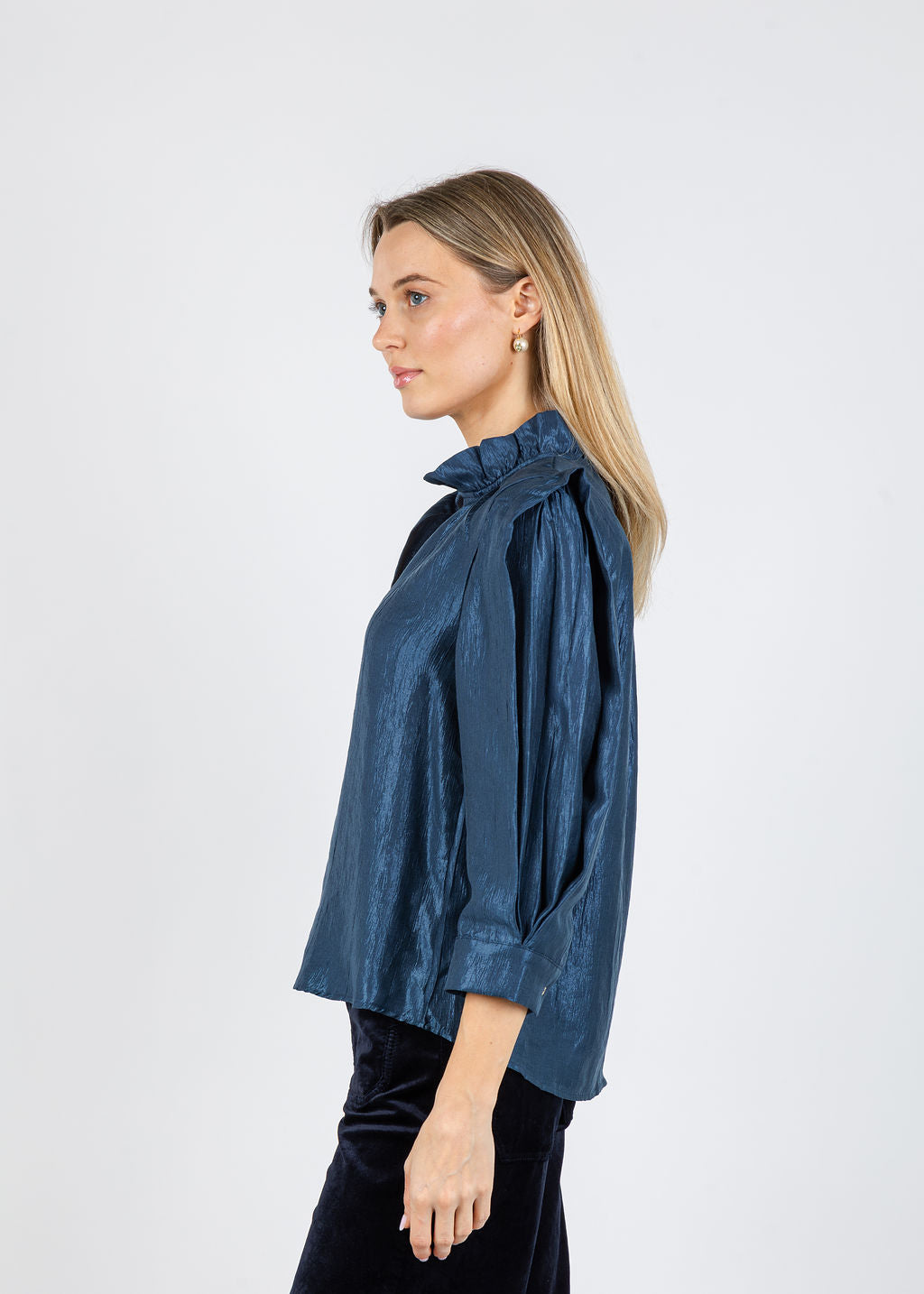 BK Yani Ruffle Collar Blouse in Navy available at Barbara Katz
