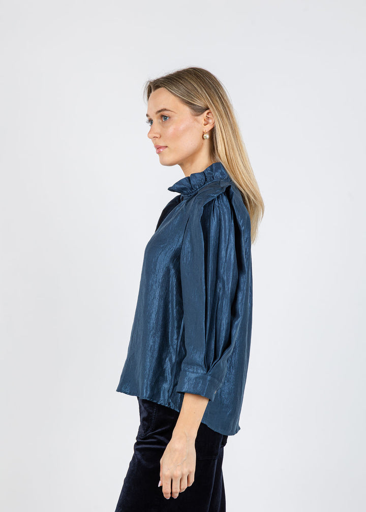 BK Yani Ruffle Collar Blouse in Navy available at Barbara Katz