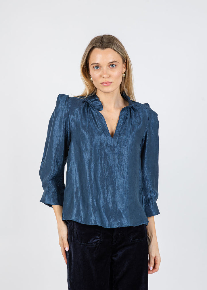 BK Yani Ruffle Collar Blouse in Navy available at Barbara Katz