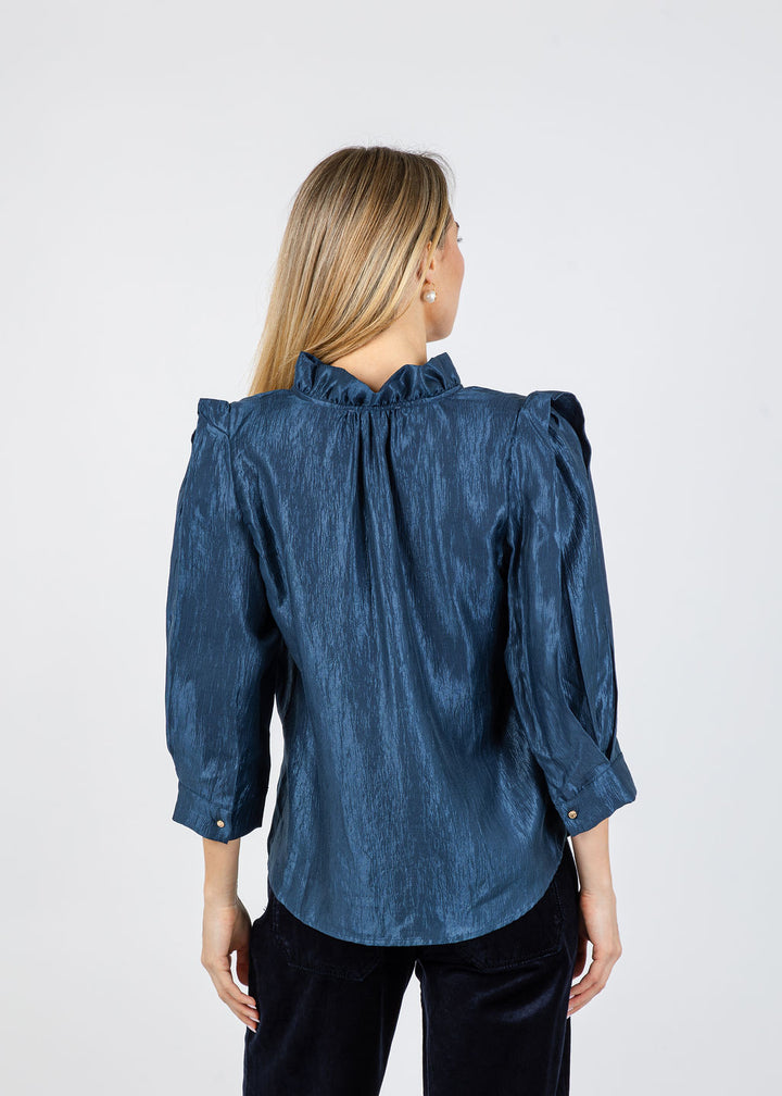 BK Yani Ruffle Collar Blouse in Navy available at Barbara Katz
