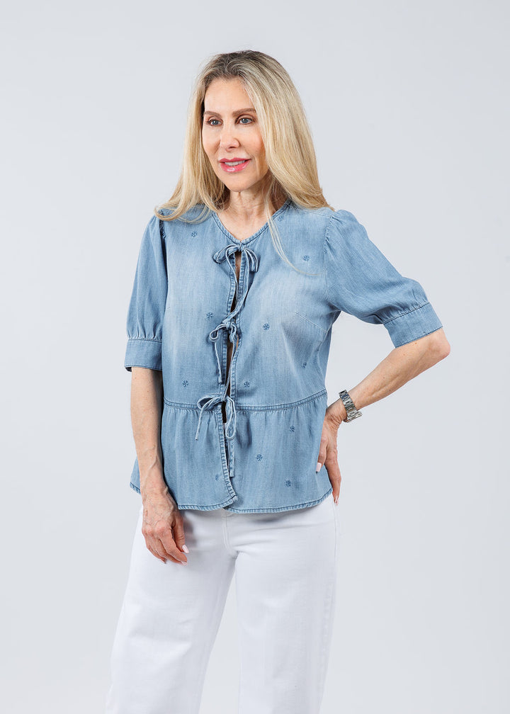 BK Angela Embroidered Floral Bow Top in Denim available at Barbara Katz