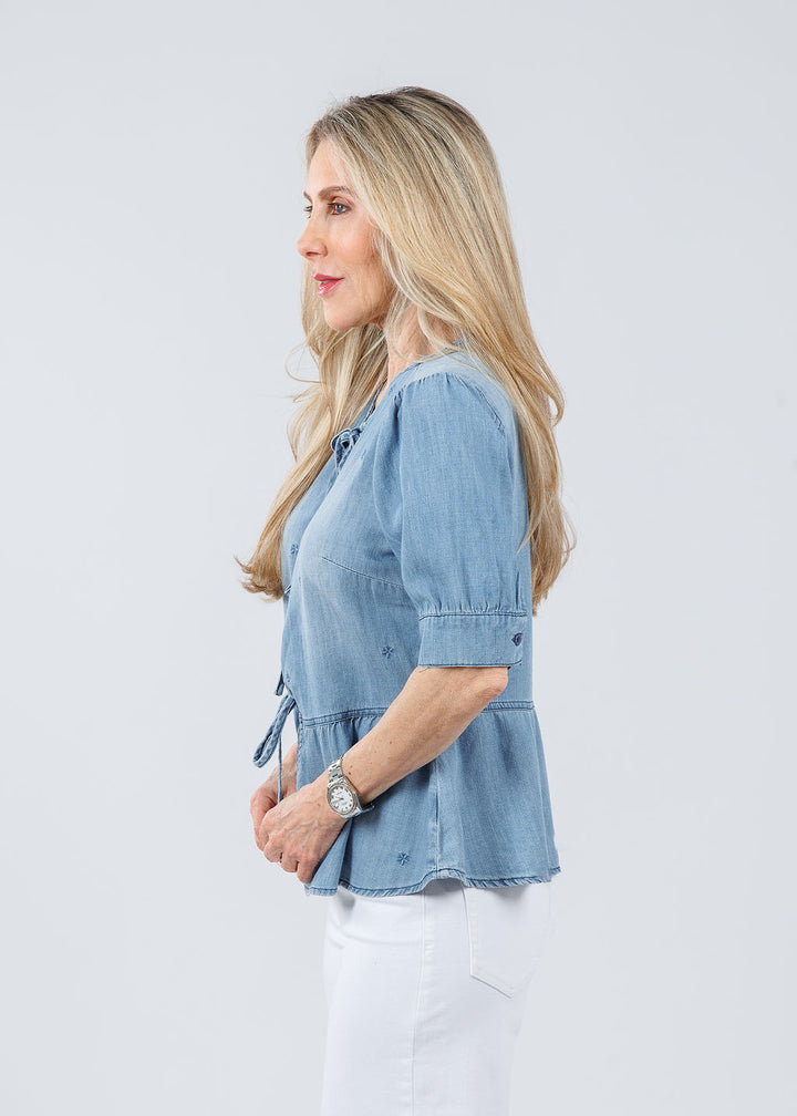 BK Angela Embroidered Floral Bow Top in Denim available at Barbara Katz