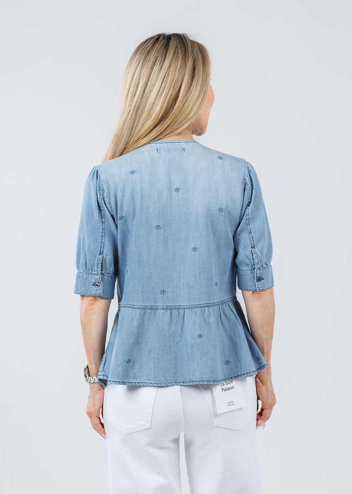 BK Angela Embroidered Floral Bow Top in Denim available at Barbara Katz