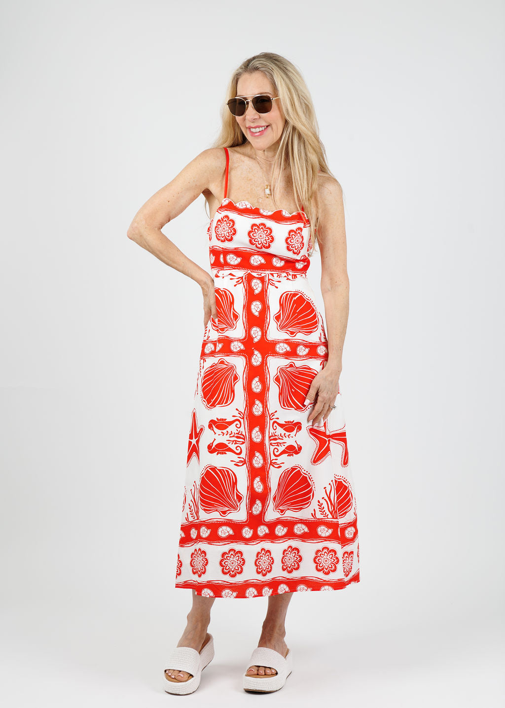 BK Aria Spaghetti Strap Midi Dress in Red/Multi available at Barbara Katz