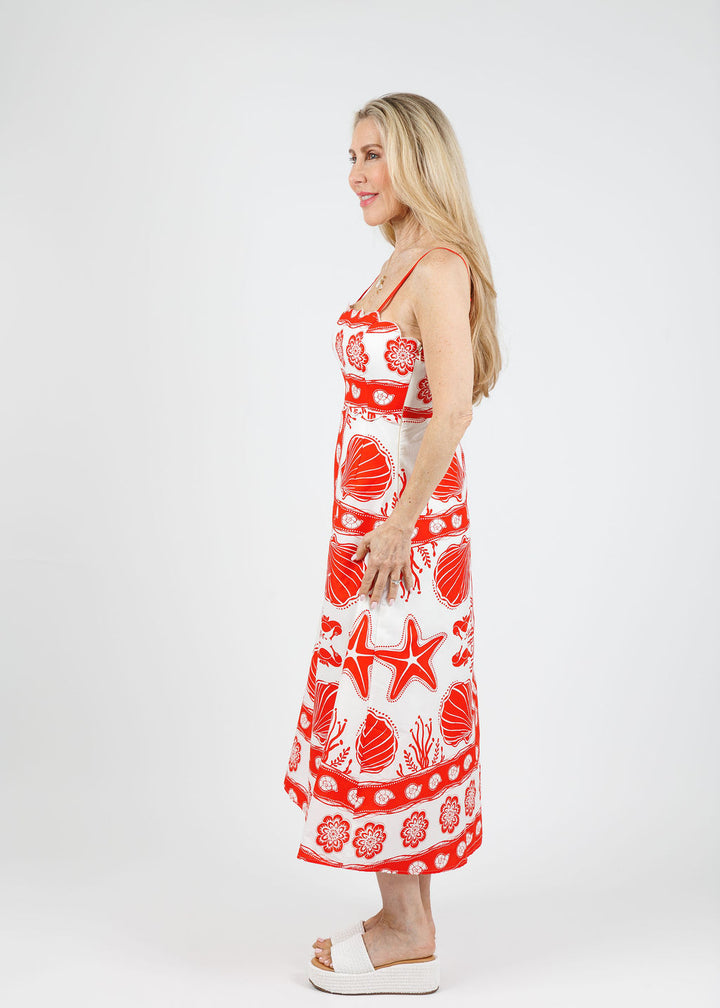 BK Aria Spaghetti Strap Midi Dress in Red/Multi available at Barbara Katz