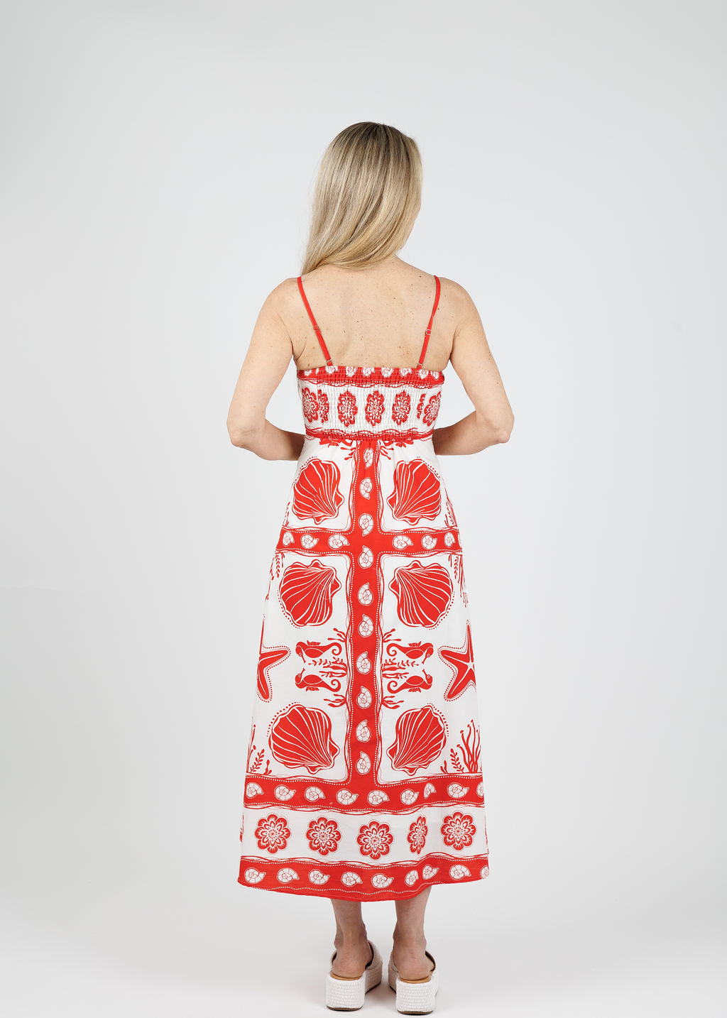 BK Aria Spaghetti Strap Midi Dress in Red/Multi available at Barbara Katz