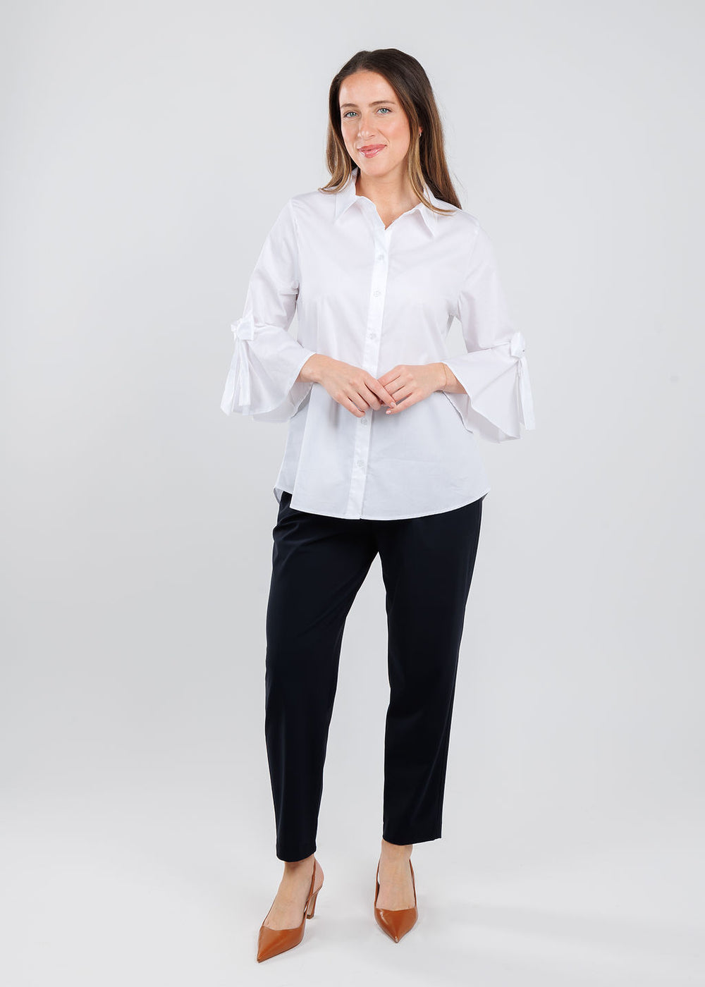 BK Ariana Bow Sleeve Blouse in White paired with Raffaello Rossie Liliana Pants in Black available at Barbara Katz