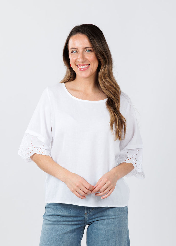 BK Eyelet Sleeve Top in White available at Barbara Katz