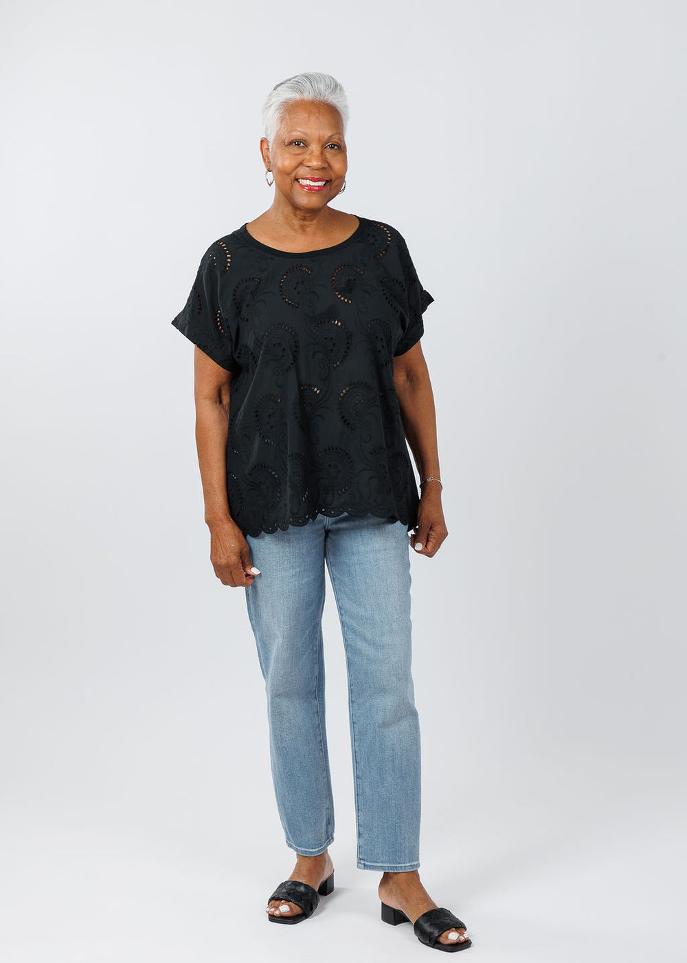 BK Eyelet Crew Top in Black available at Barbara Katz