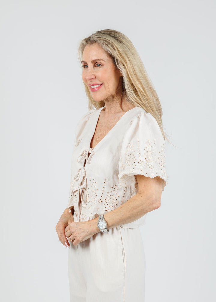 BK Sadie Eyelet Trim Tie Blouse in Natural available at Barbara Katz