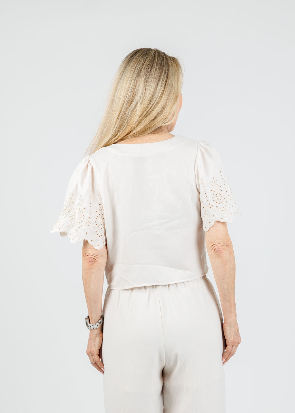 BK Sadie Eyelet Trim Tie Blouse in Natural available at Barbara Katz