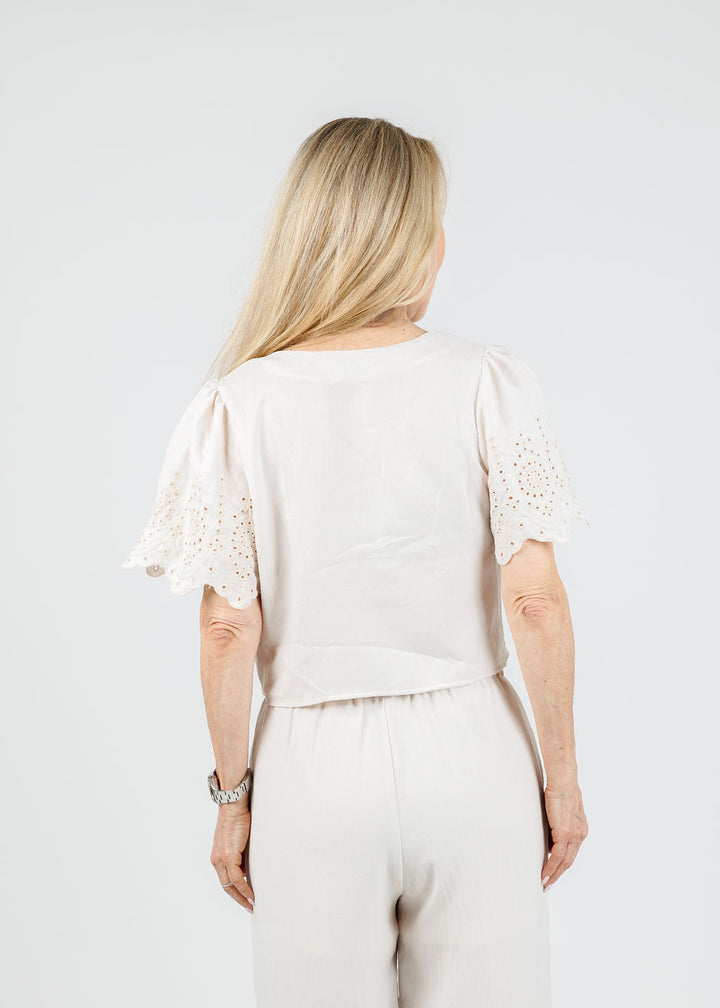 BK Sadie Eyelet Trim Tie Blouse in Natural available at Barbara Katz