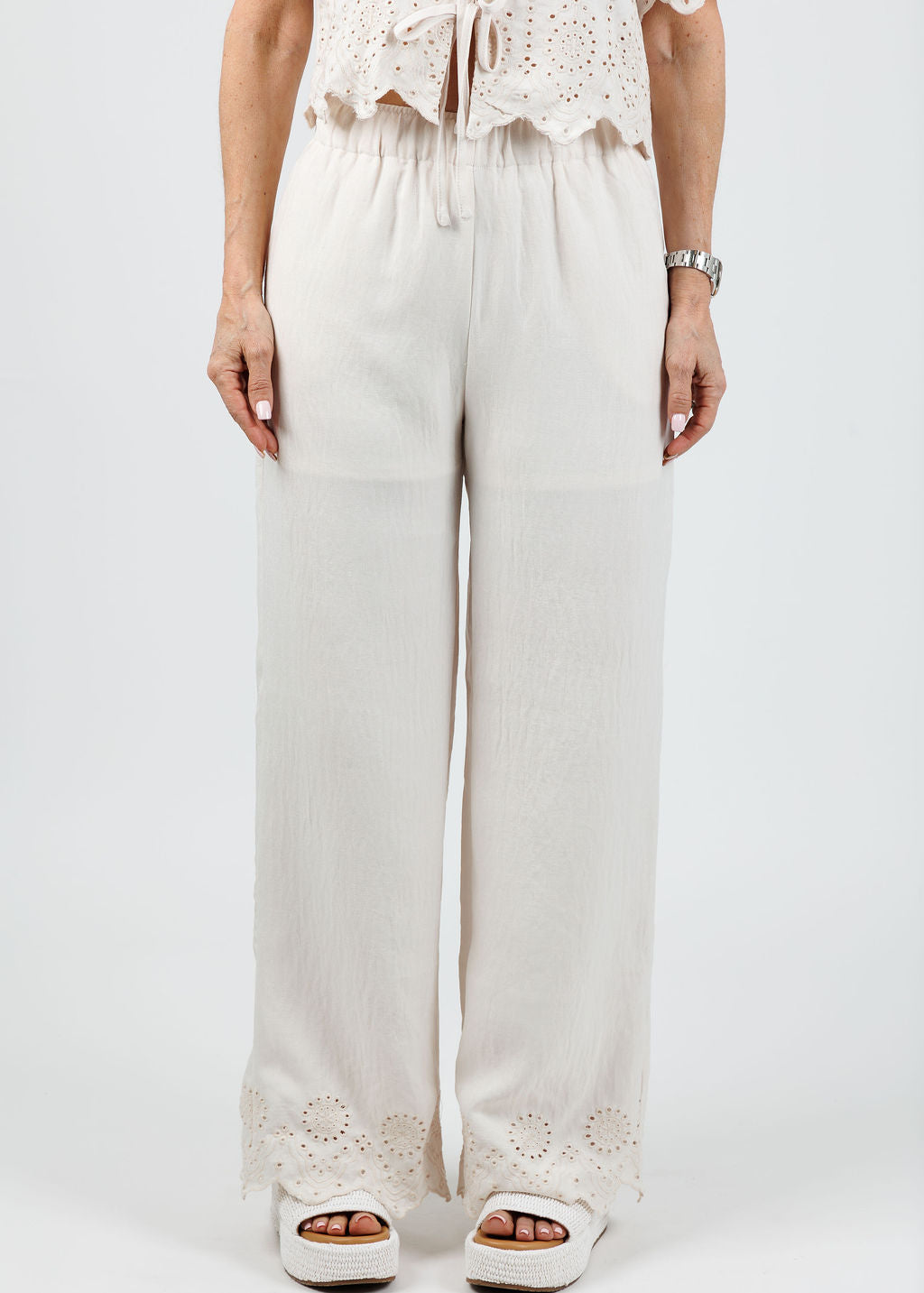 BK Sadie Eyelet Wide Leg Pants in Natural available at Barbara Katz