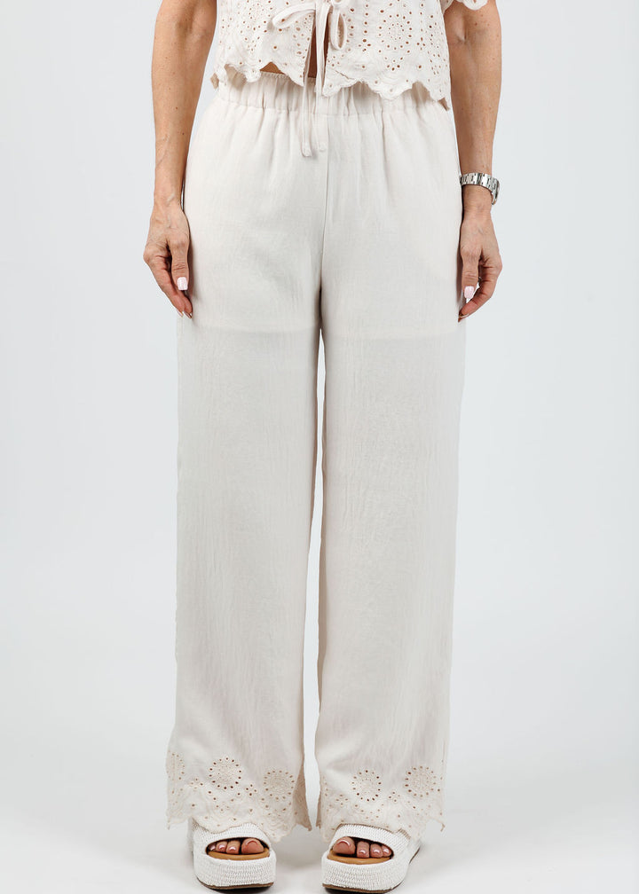 BK Sadie Eyelet Wide Leg Pants in Natural available at Barbara Katz
