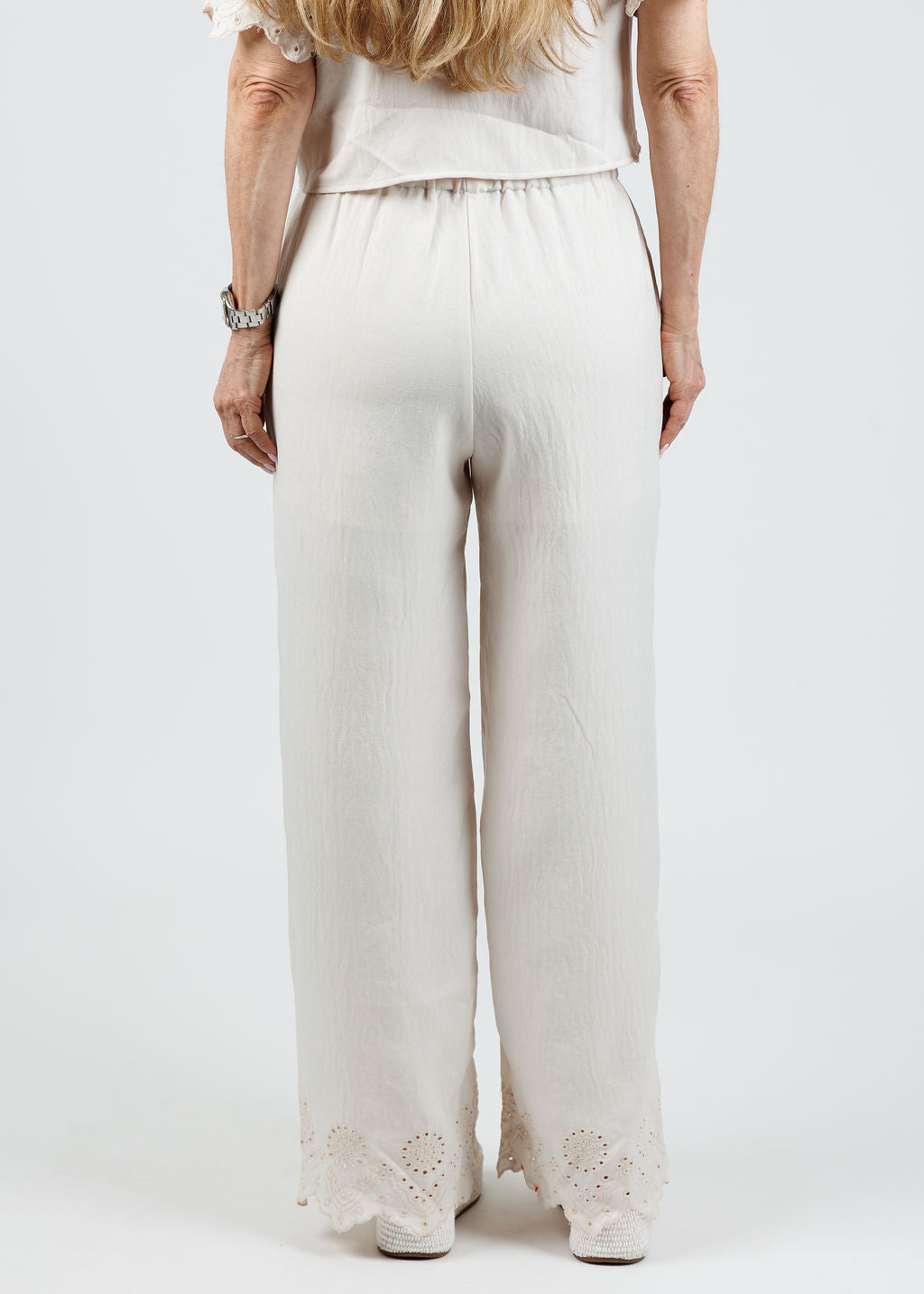 BK Sadie Eyelet Wide Leg Pants in Natural available at Barbara Katz
