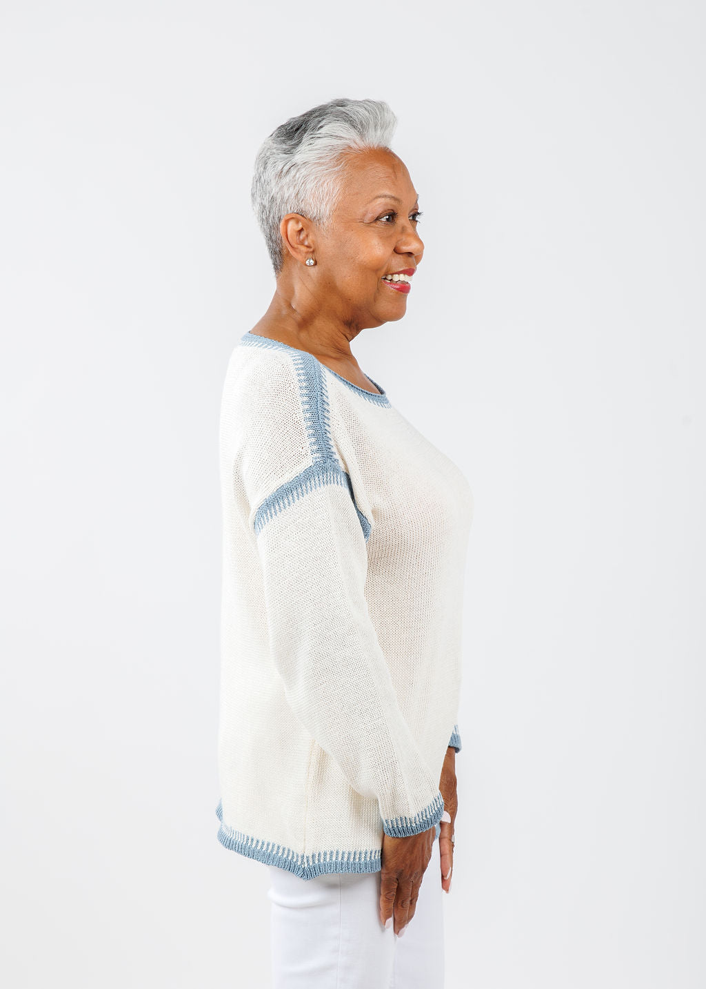 BK Contrast Stitch Sweater in Coastal Combo available at Barbara Katz