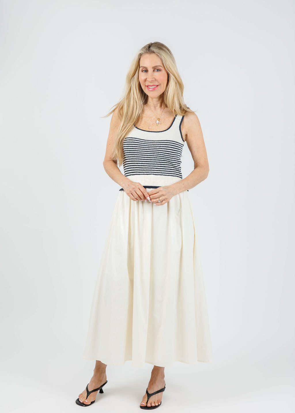 BK Cora Stripe Sweater Woven Skirt Midi Dress in Navy available at Barbara Katz