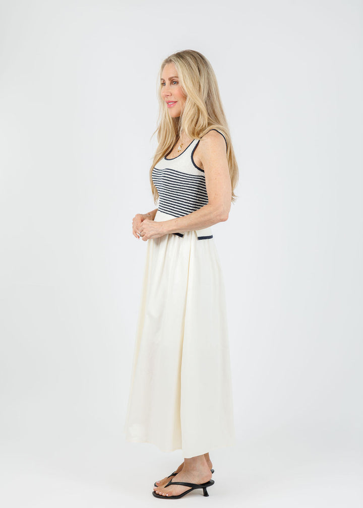 BK Cora Stripe Sweater Woven Skirt Dress in Navy available at Barbara Katz