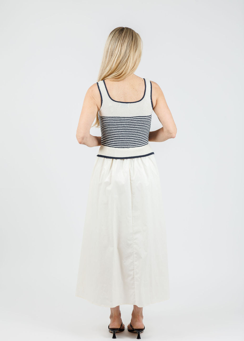 BK Cora Stripe Sweater Woven Skirt Dress in Navy available at Barbara Katz