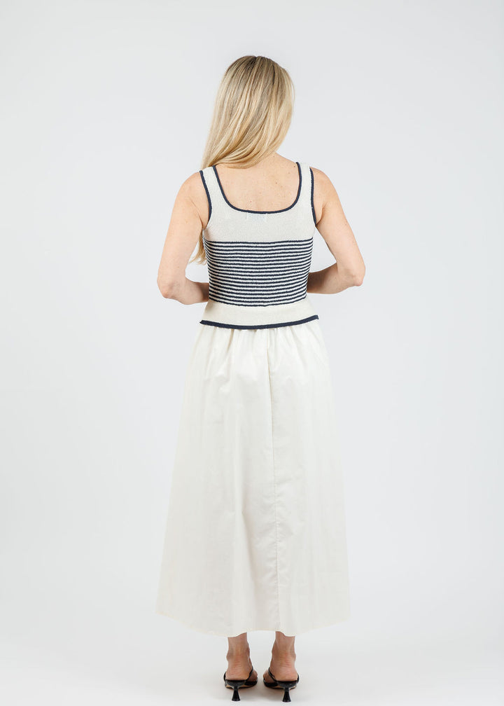 BK Cora Stripe Sweater Woven Skirt Dress in Navy available at Barbara Katz