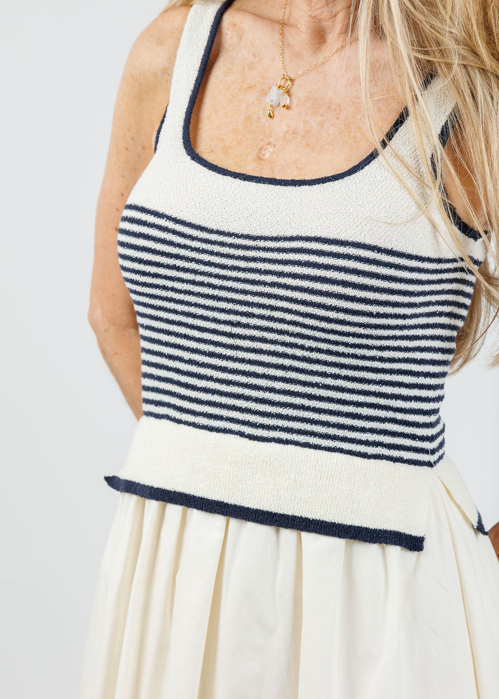 BK Cora Stripe Sweater Woven Skirt Dress in Navy available at Barbara Katz