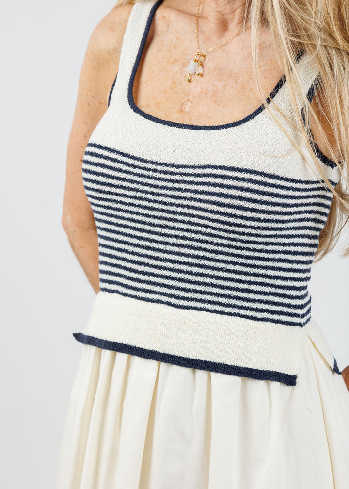BK Cora Stripe Sweater Woven Skirt Dress in Navy available at Barbara Katz