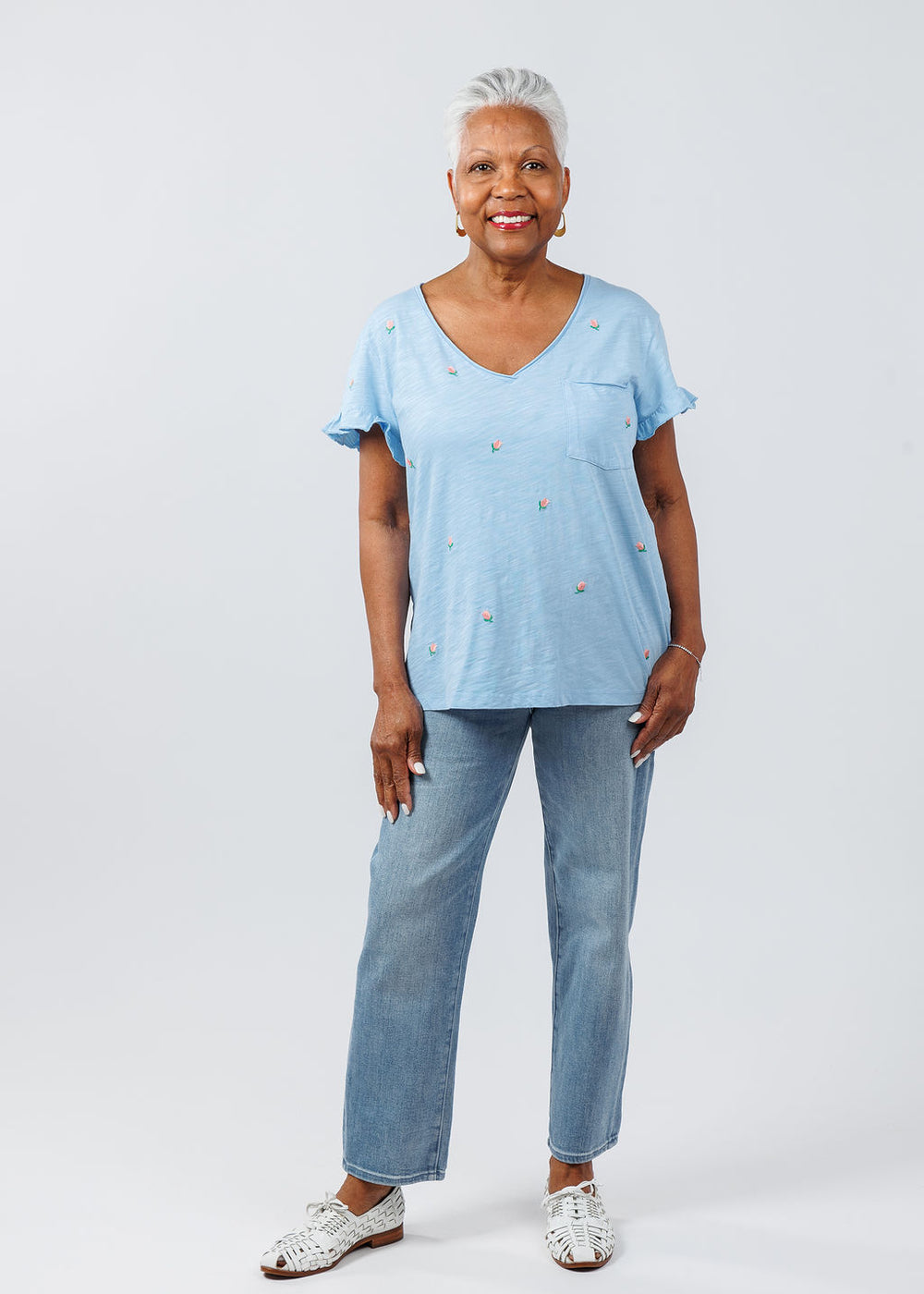 BK Dutch Embroidered Flower Tee in Canal available at Barbara Katz