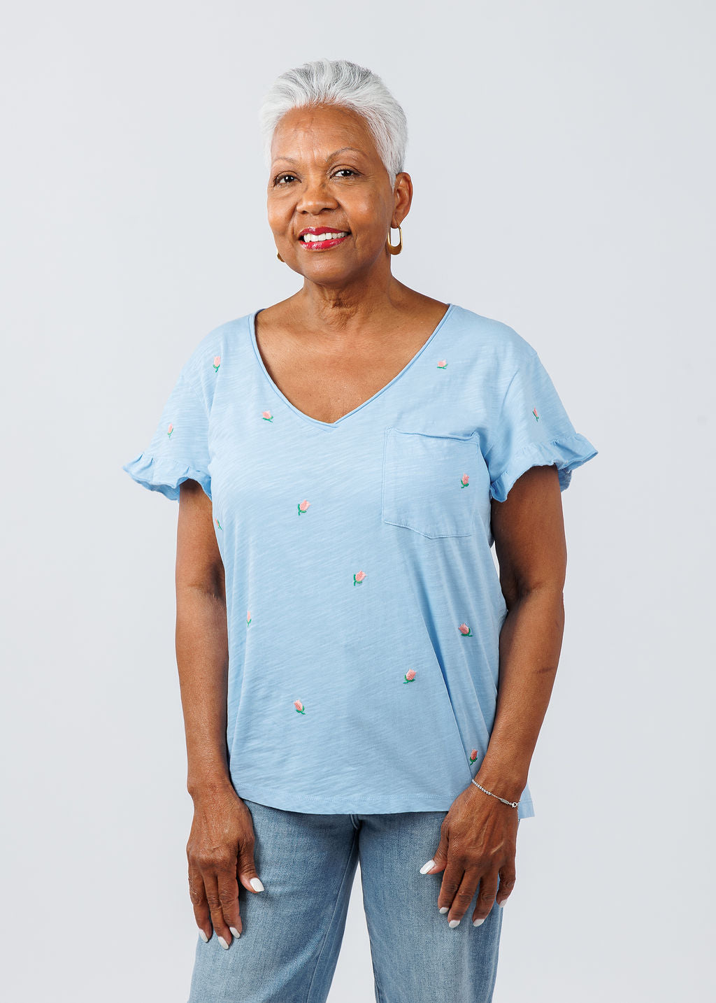 BK Dutch Embroidered Flower Tee in Canal available at Barbara Katz