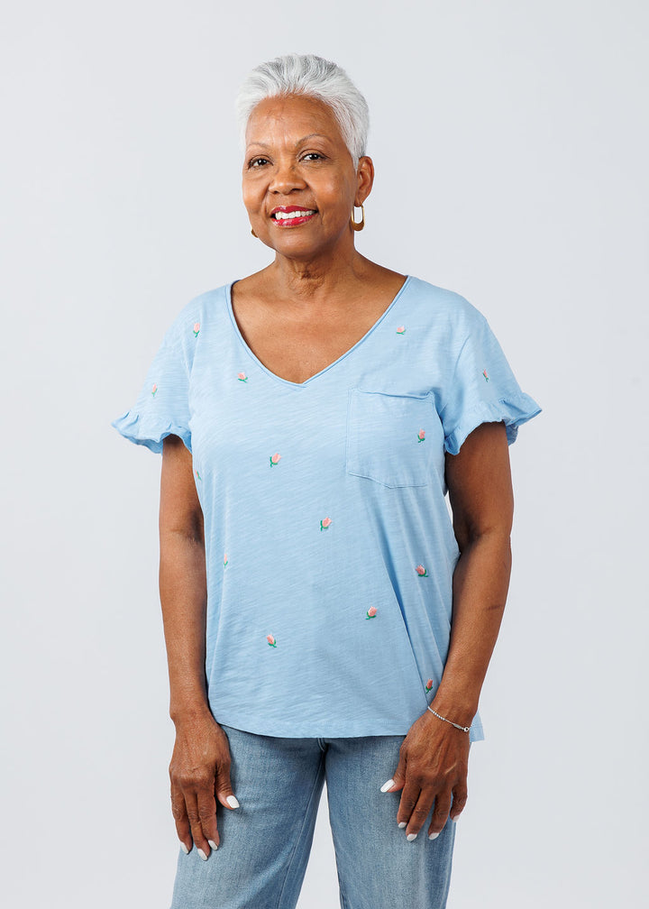 BK Dutch Embroidered Flower Tee in Canal available at Barbara Katz