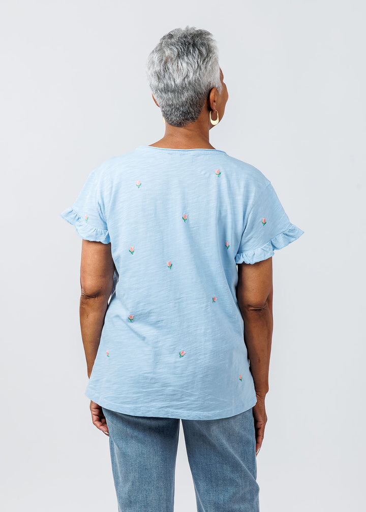 BK Dutch Embroidered Flower Tee in Canal available at Barbara Katz