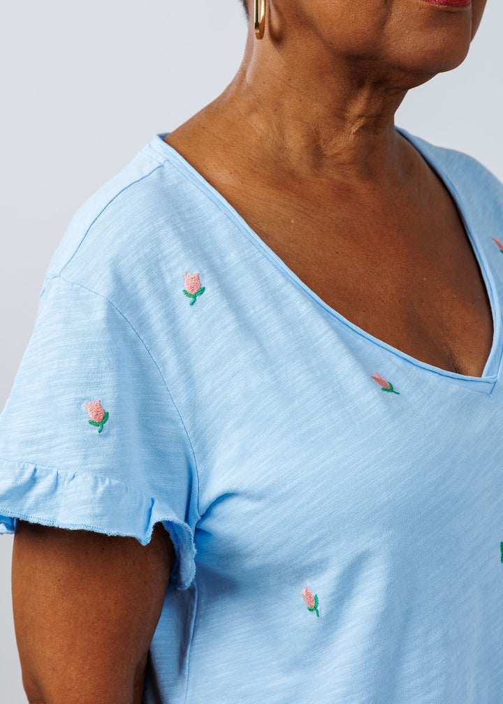 BK Dutch Embroidered Flower Tee in Canal available at Barbara Katz