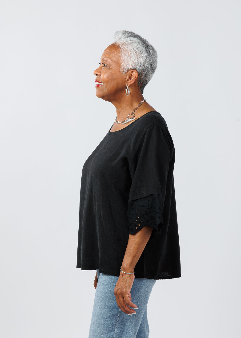 BK Eyelet Sleeve Top in Black available at Barbara Katz