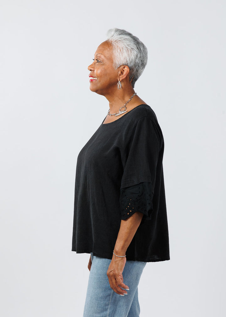 BK Eyelet Sleeve Top in Black available at Barbara Katz