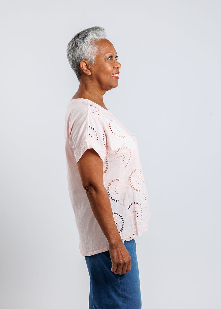 BK Eyelet Short Sleeve Top in Blush available at Barbara Katz