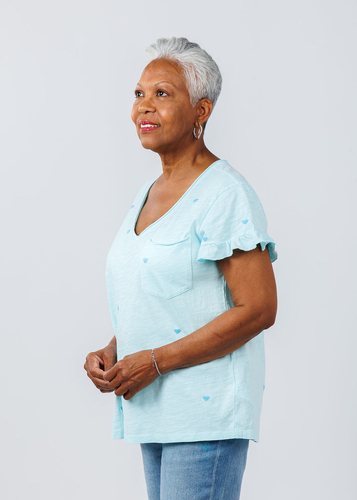 BK Fair Embroidered Heart Tee in Aqua available at Barbara Katz