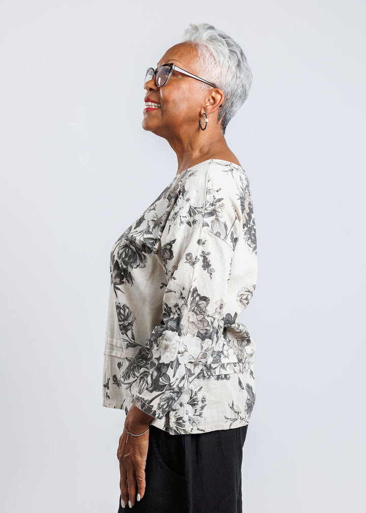 BK Floral Linen 3/4 Sleeve Top in Coconut Blooms available at Barbara Katz